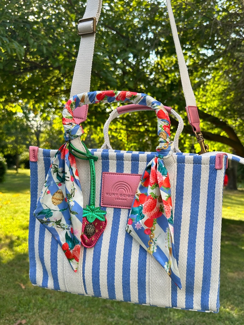 Kurt Geiger Striped Strawberry Southbank Crossbody tote NWT with scarf handle